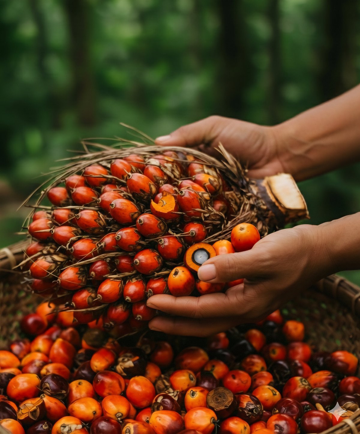 Hands holding Elaeis oleifera fruit cluster with lush forest canopy backdrop — Forestal MT batana oil origin