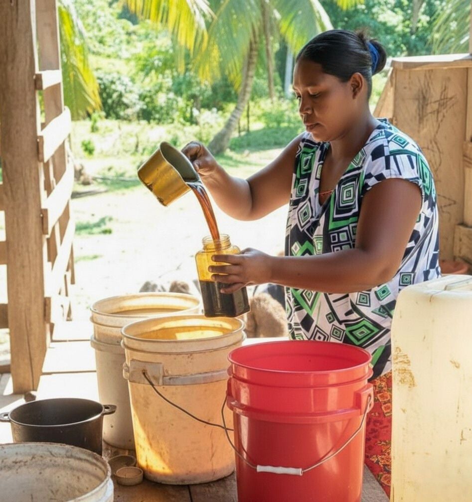 Miskito woman carefully pouring batana oil — ancestral application ritual, La Mosquitia